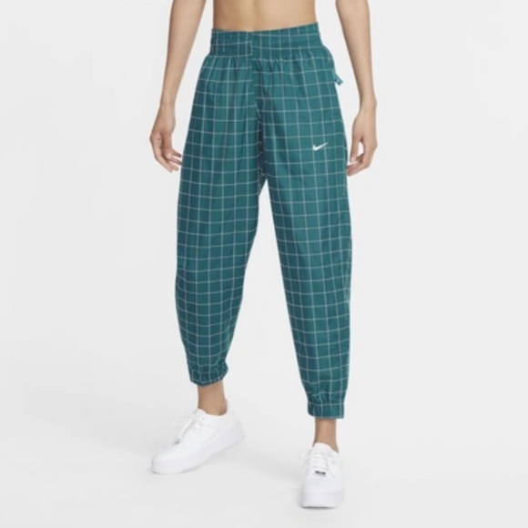 Nike Blue Track Pants with Elastic Cuffs Relaxed Fit Swishy Checkered Aqua G9
